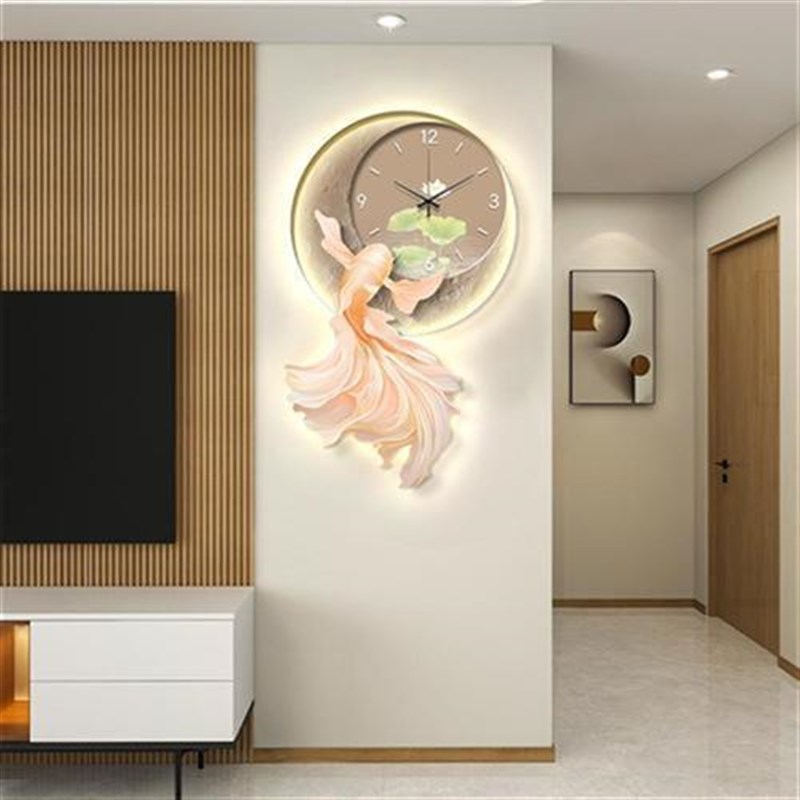 锦鲤钟表客厅挂钟装饰画创意发光餐厅灯画电视背景墙时钟玄关挂画