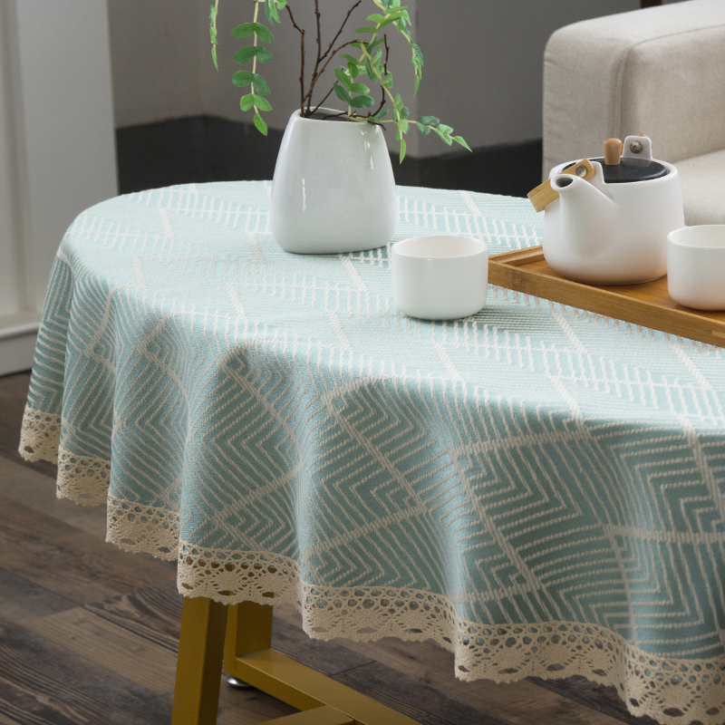 椭圆形茶几桌布高级感鸭蛋型长浅绿色几何图日系棉麻茶桌茶台台布