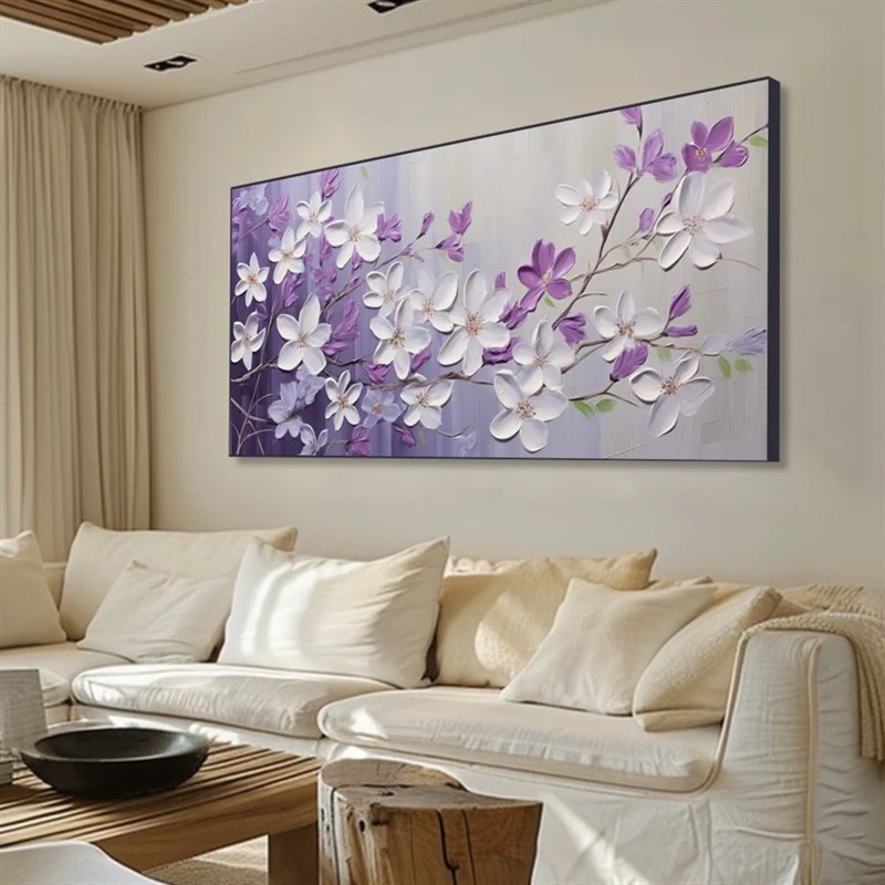 大芬村纯手绘油画抽象淡雅花卉客厅装饰画横版卧室肌理感轻奢挂画图片
