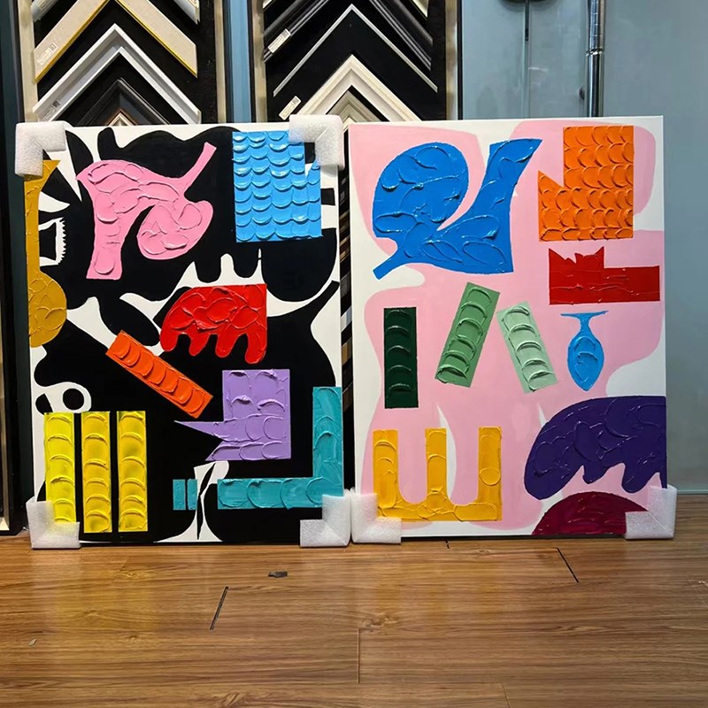 纯手绘抽象立体色块装饰画现代趣味多巴胺儿童房客厅壁画玄关壁画图片