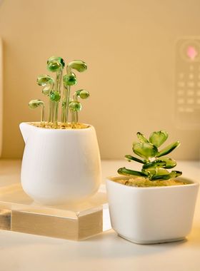 创意琉璃多肉小盆栽办公室桌面装饰摆件玻璃仿真绿植客厅假花摆设