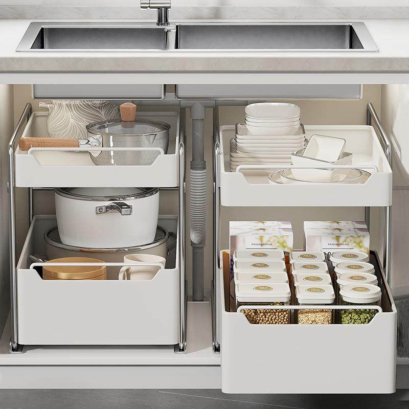免安装厨房下水槽置物架带滑轨调味架锅具橱柜拉篮抽拉式分层架子,厨房/烹饪用具,厨房置物架/置物柜/角架,淘宝优惠券,粉丝福利购,淘宝优惠卷