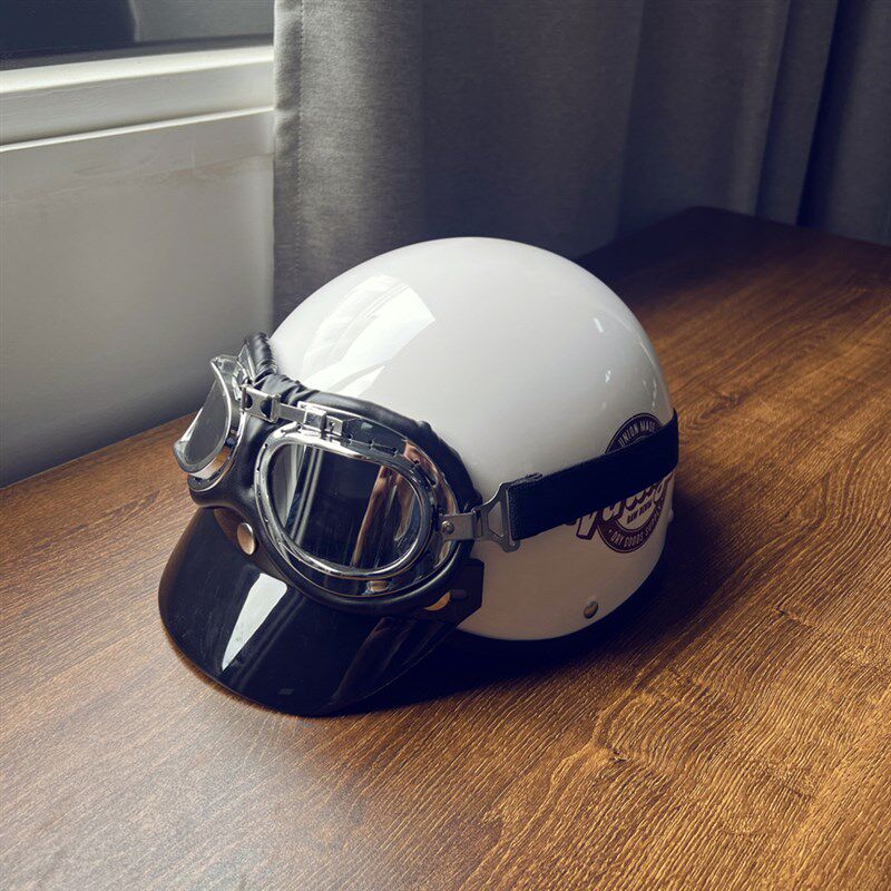 认证复古英文电动车男女通用车安全帽护目镜半盔夏季