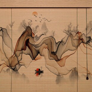 饰卷帘隔断升降门 定制竹帘挂画遮阳遮光印花竹帘复古E茶室推拉装