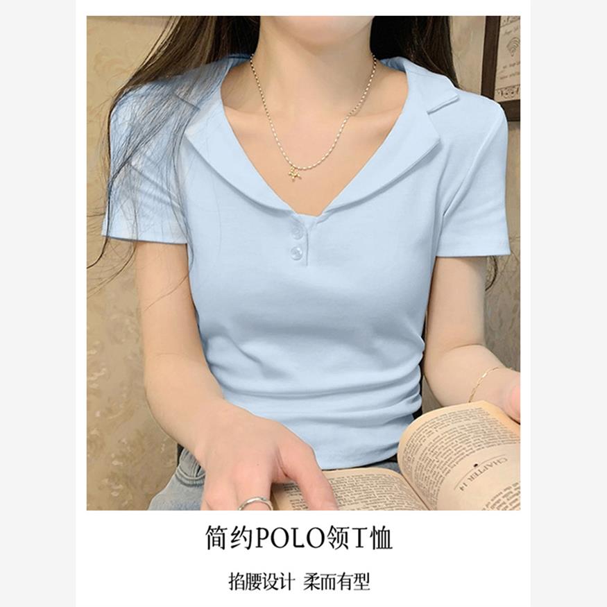 奶蓝色polo衫短袖t恤女装夏季2025新款收腰修身短款高级半袖上衣