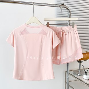 瑜伽服套装女夏高级感宽松显瘦速干透气运动上衣跑步羽毛球健身衣