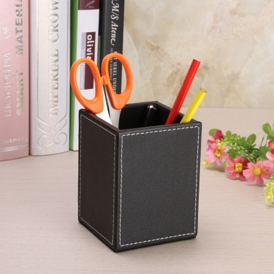 桌面公文具收纳笔桶 黑色创意皮革笔座  皮质笔筒