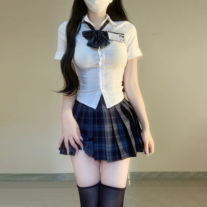 原创正版辣妹jk制服狗短格裙收腰白衬衫套装百褶短裙半身裙子全套