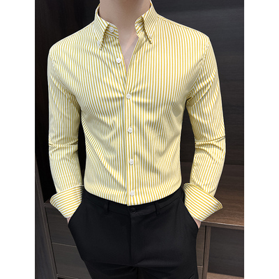 蓝色竖条纹衬衫男士长袖2