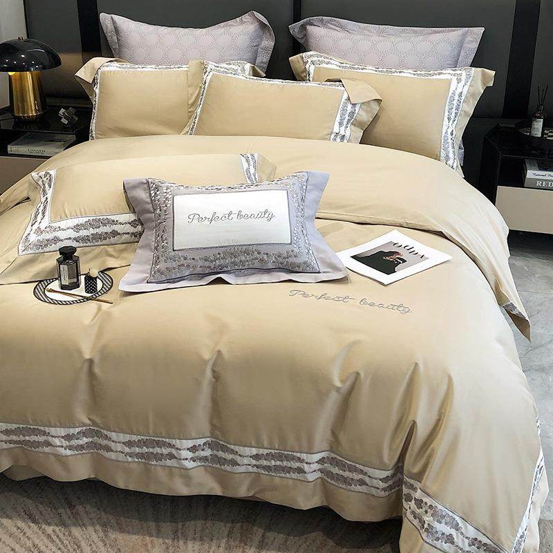 高品质100S支海岛棉纯棉刺绣双拼边款家庭别墅风四件套床单被套件