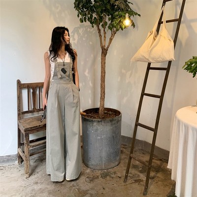 2025夏季新款韩系灰s色连体工装休闲背带宽松阔腿裤女浅灰色常规