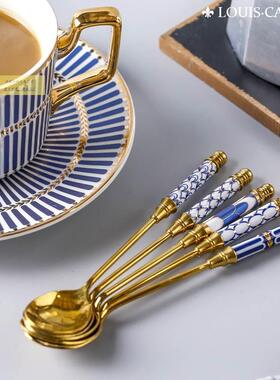 陶加厚不勺锈钢主餐勺创意98817金家用长柄汤匙调羹复古瓷柄色勺