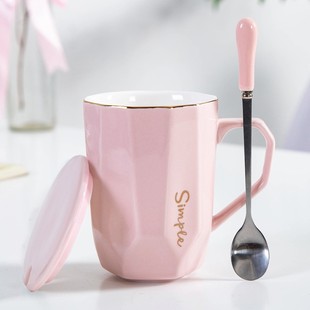 简约创意马克杯咖啡杯办公室陶瓷杯杯子带盖口杯家用 水杯女新款
