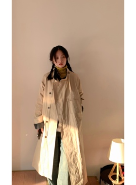 HiiThere 2023年秋季新款韩系廓形高级宽松撞色长款立领风衣外套