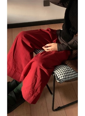 HiiThere 四季复古韩系纯色宽松早秋百搭红色慵懒感阔腿裤长裤
