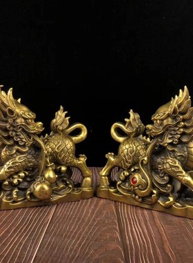 全黄铜回头麒麟摆件家居客厅办公室装饰如意福禄火麒麟玄关工艺品
