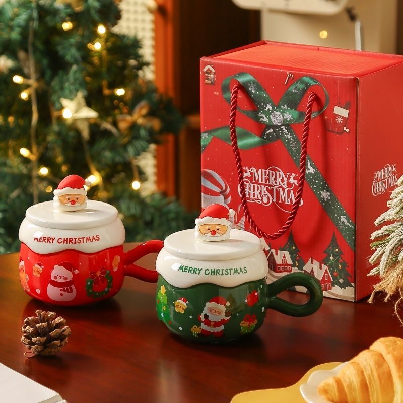 圣诞元素礼物女生孩实用创意陶瓷马克杯带盖带勺送男生伴手礼杯子
