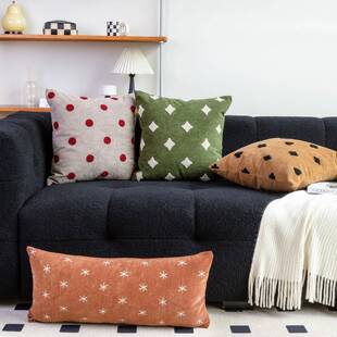 扑克系列中古风抱枕沙发客厅绿色刺绣靠枕软装橘色靠垫长条腰枕