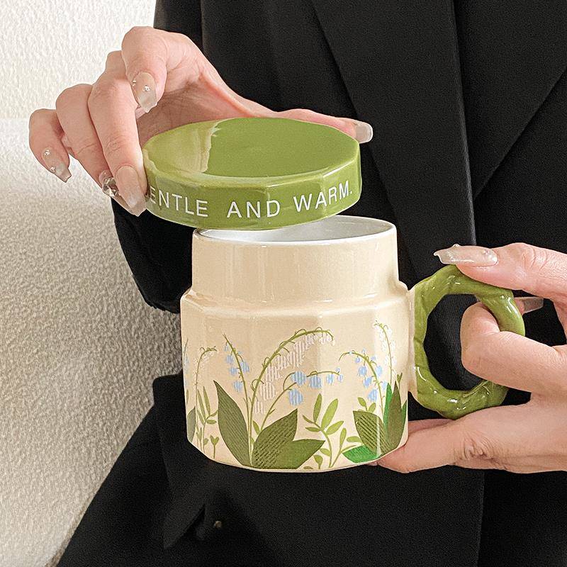 繁花复古油画般咖啡杯碟手绘拿铁杯套装原创礼物马克杯带盖陶瓷杯