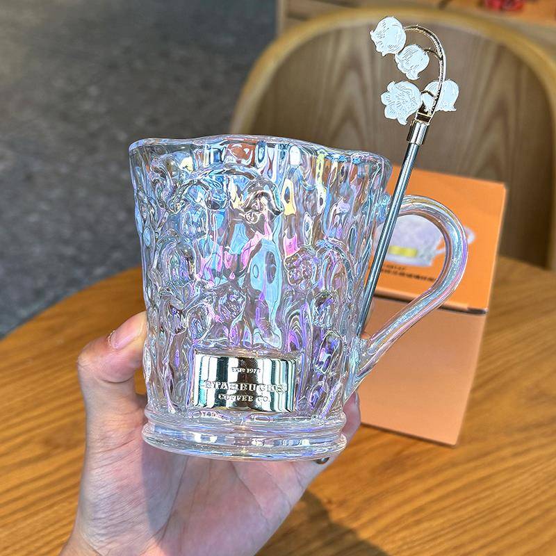 星巴克杯子优雅铃兰玻璃杯炫彩浮雕带搅拌棒办公室高颜值咖啡水杯