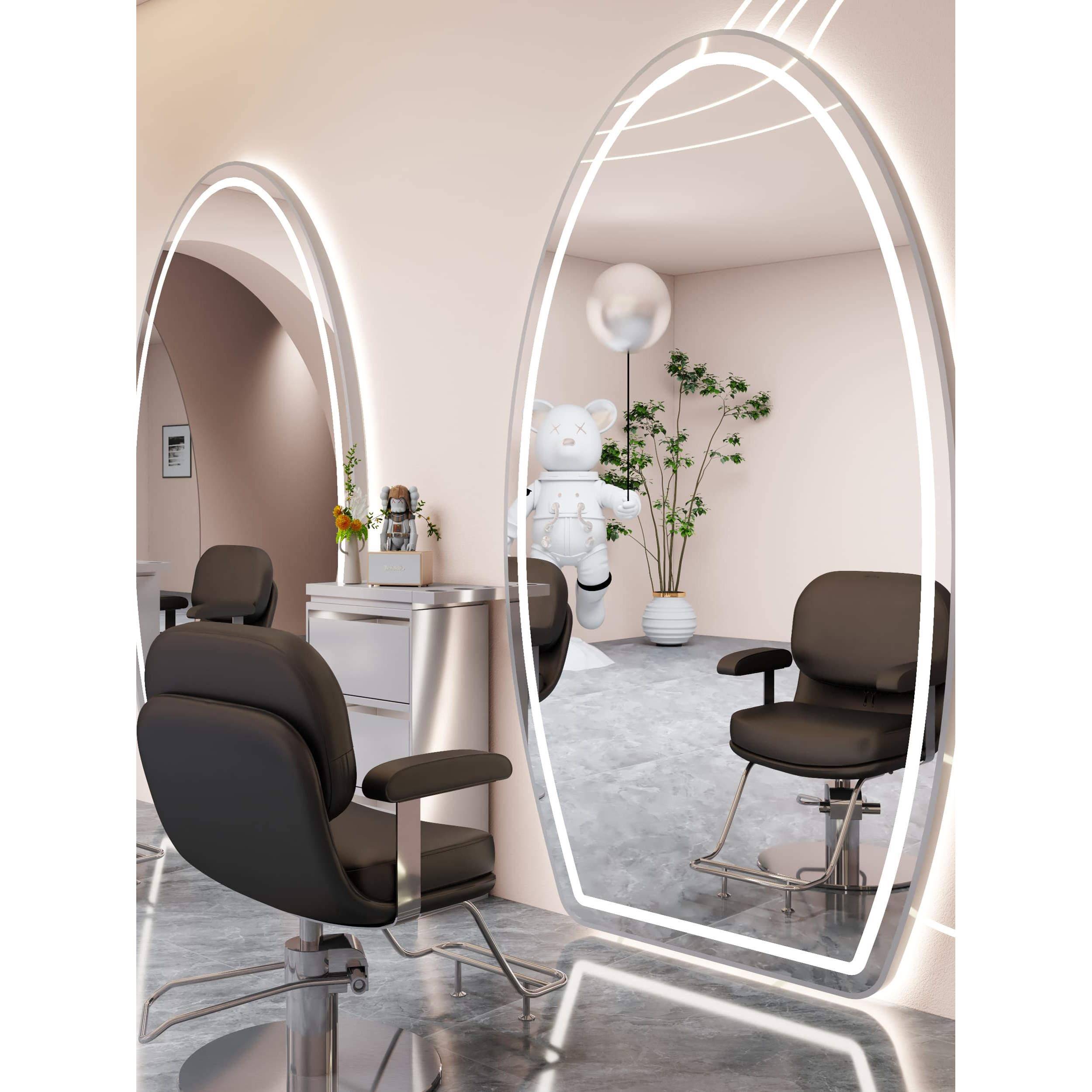 高端网红理发店发廊专用全身镜单面双面带灯椭圆镜子美发落地镜台