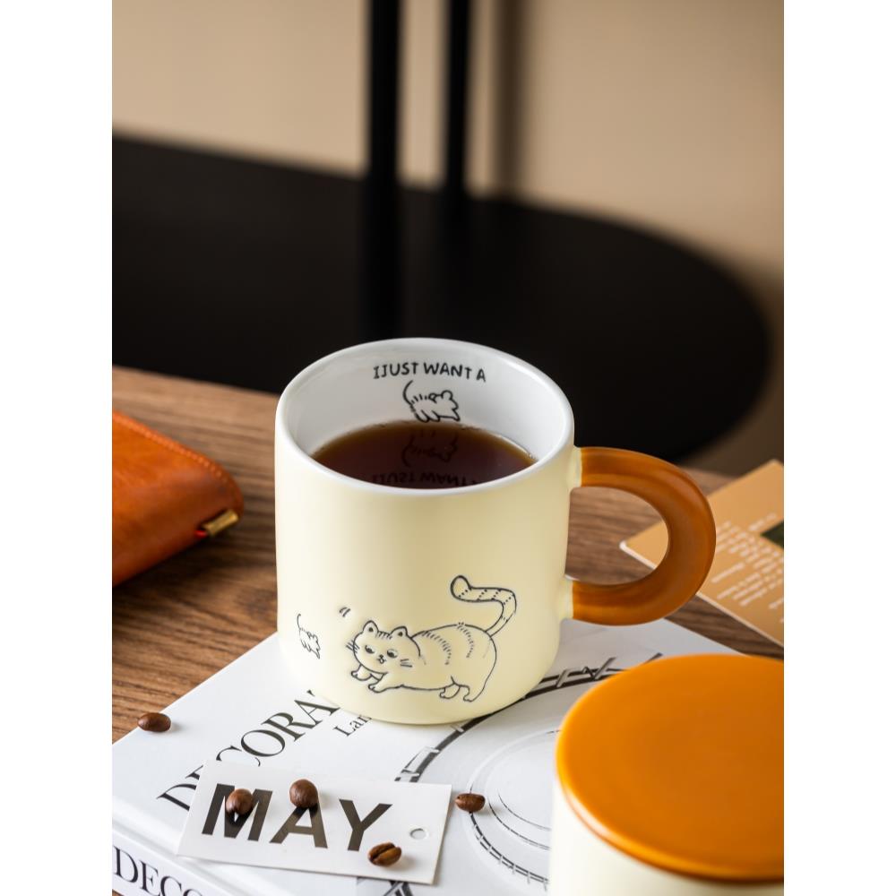创意呆萌猫咪马克杯手绘陶瓷杯男女生日礼物家用水杯早餐杯咖啡杯