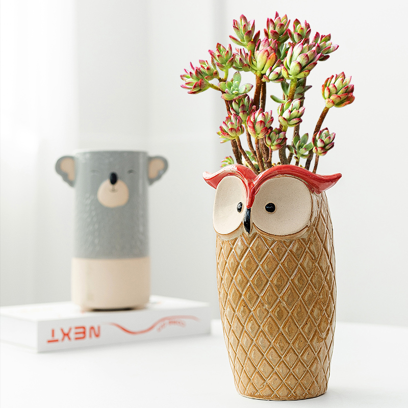 创意卡通多肉老桩高盆室内肉肉法师绿植可爱动物盆桌面插花瓶摆件