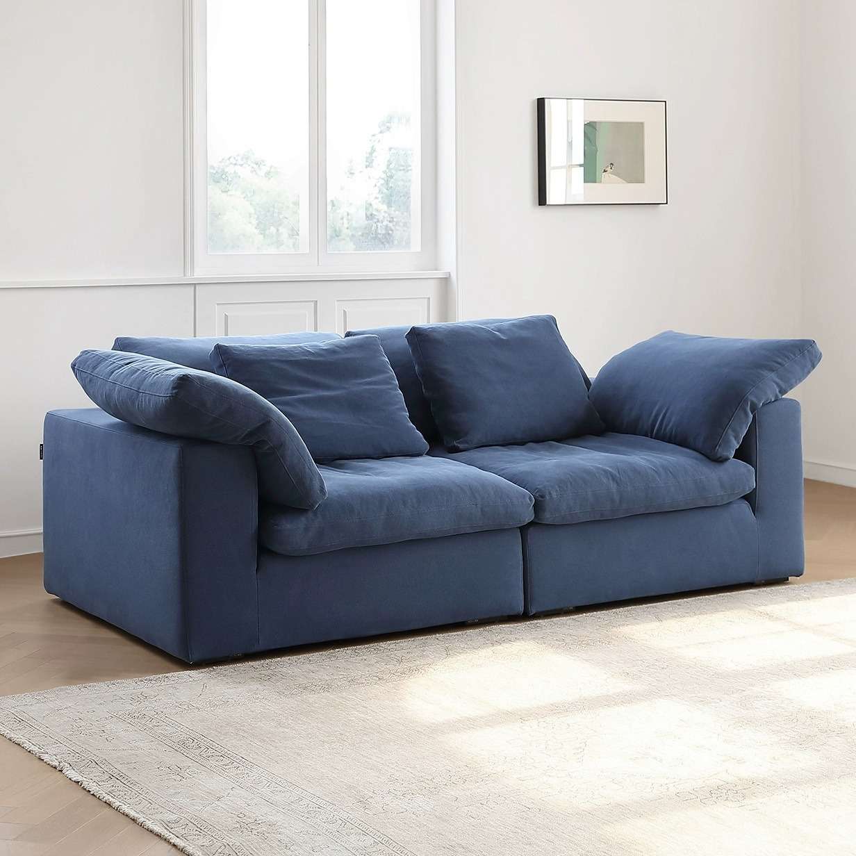 麻现在简约亚麻织物直排双人位三人位绒毛沙发组合客厅羽绒填充布