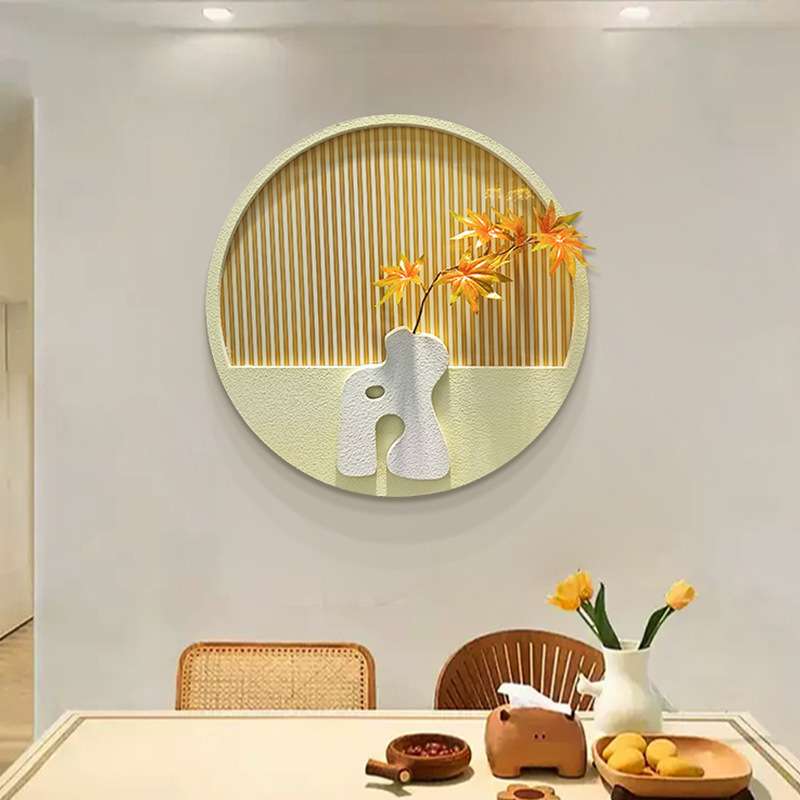现代简约餐厅装饰画立体砂岩实物画饭厅绿植圆形挂画创意客厅壁画图片