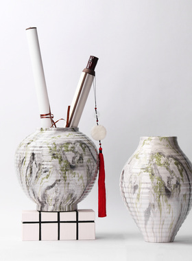 新中式陶瓷水墨花纹花器摆件样板间售楼处隔断层客厅玄关处装饰品