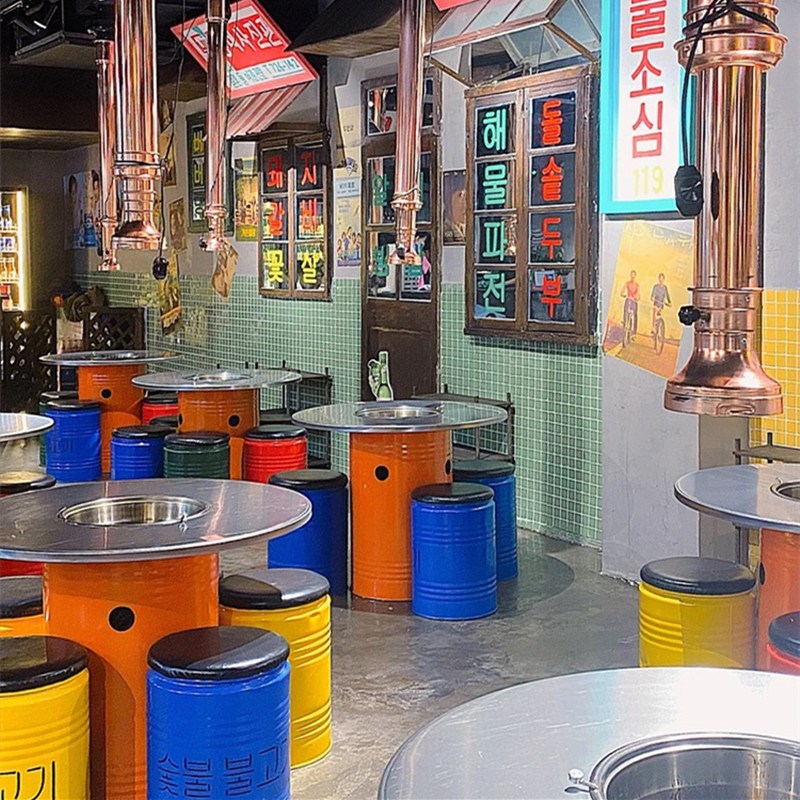 韩式不锈钢烤肉油桶桌网红烤肉店桌子商用日式火锅桌电碳烤一体桌