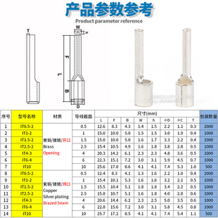 2镀银铜鼻 1.5 IT针形裸端头实心铜线耳插针冷压接线端子IT0.5