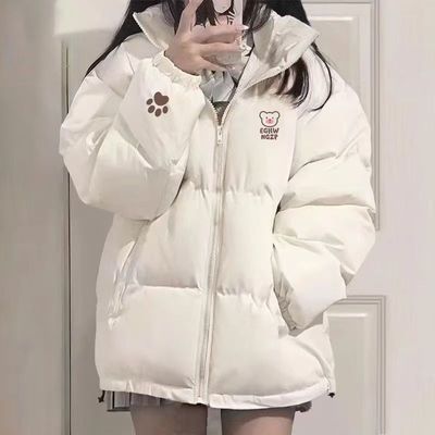 冬季羽绒棉服女可爱小熊韩系棉衣宽松加厚面包服短款加厚米白外套