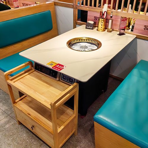 定制火锅桌电磁炉一体无烟烤涮串串香饭店酒店岩板大理石桌椅组合