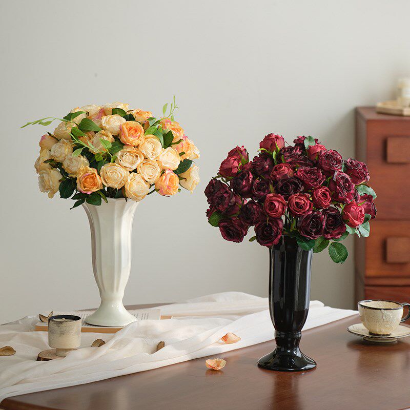 13枝焦边玫瑰花仿真花假花餐桌装饰插花客厅摆件小花束复古高级感