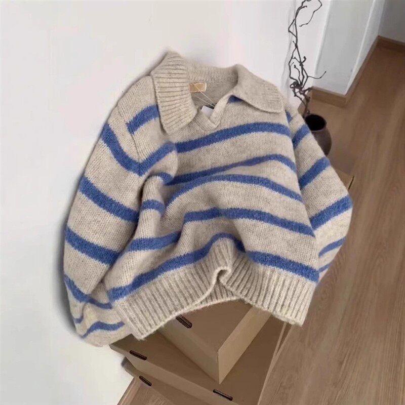 欧货小众蓝色条纹polo翻领长袖软糯针织衫毛衣女秋冬慵懒套头上衣