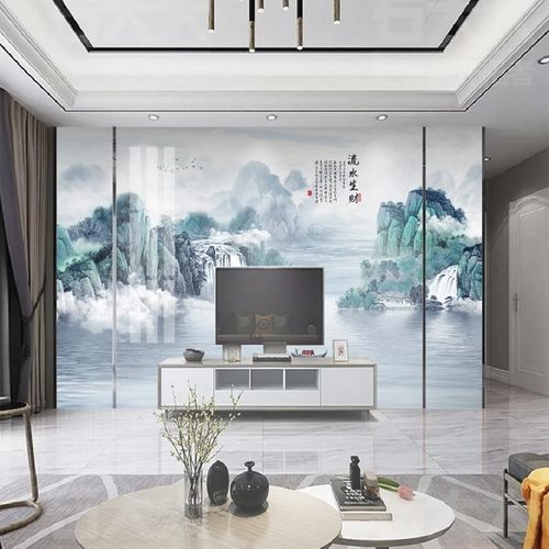 贴墙玄关电视墙墙面走廊家用简约布景唯美中式电视背景墙壁纸简