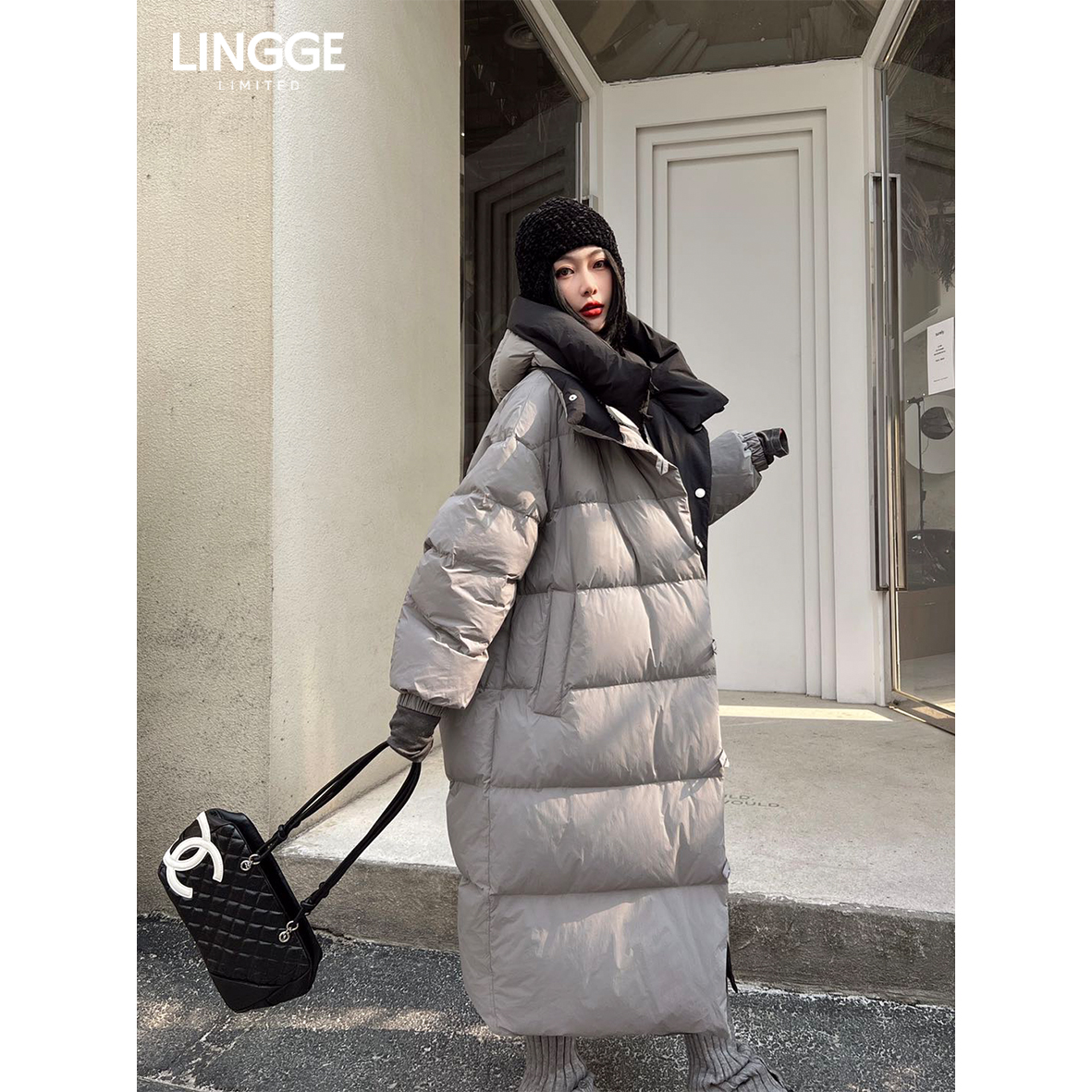 LINGGE ATELIER •  6565 连帽加厚双面穿白鸭绒羽绒服女大长款