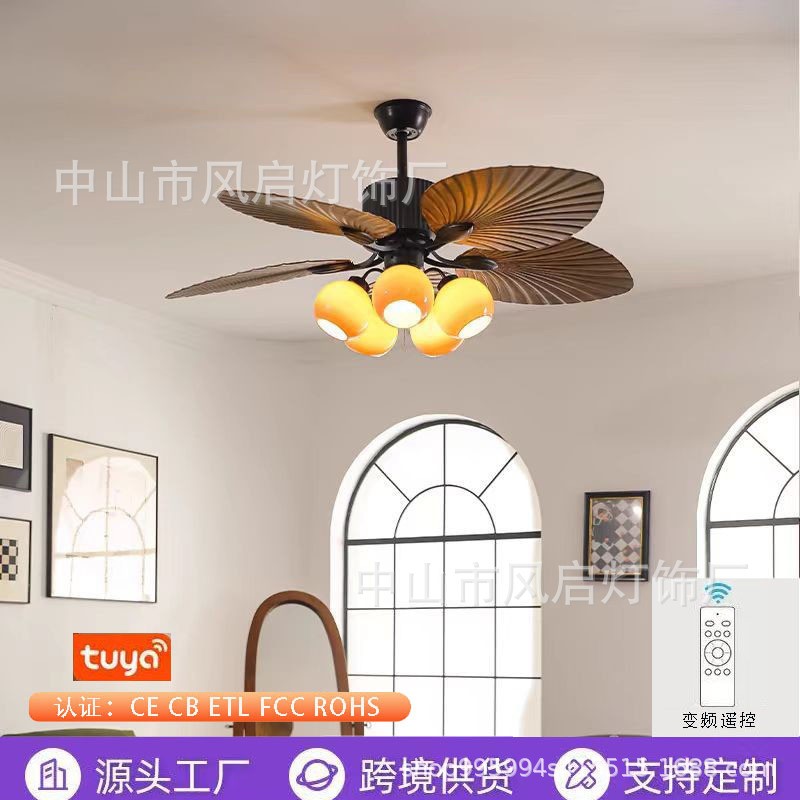 中古风扇灯餐厅卧室书房复古吊扇灯头电风扇一体吊扇灯中山风启