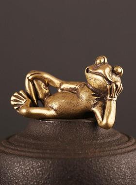 纯黄铜彷真睡美小青蛙摆件桌面茶宠创意茶宠鱼缸微景观造景装饰品