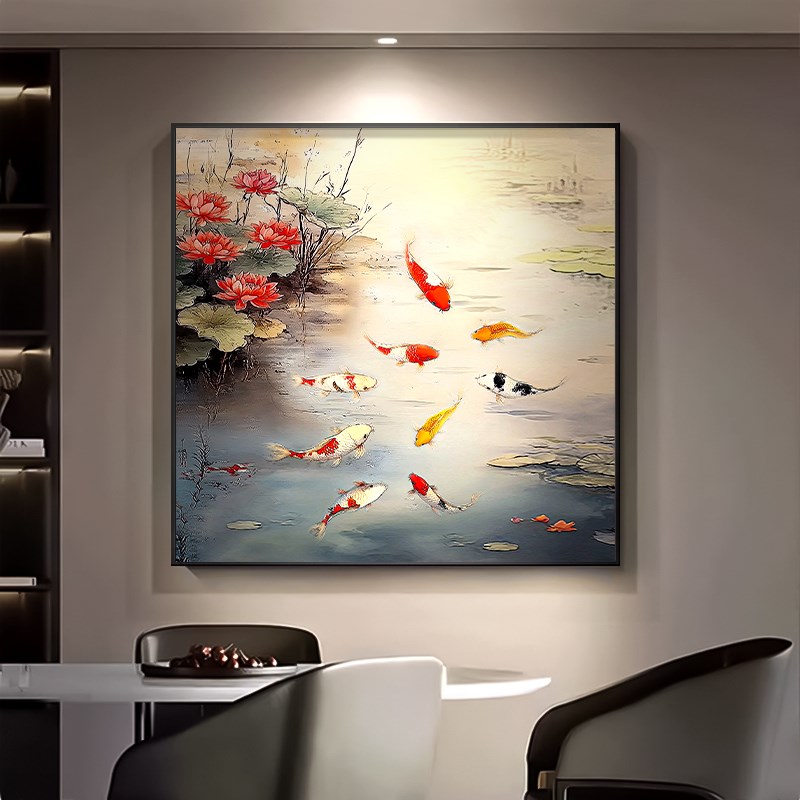 九鱼图餐厅手绘油画锦鲤现代轻奢玄关装饰画高级感大芬村方形挂画图片