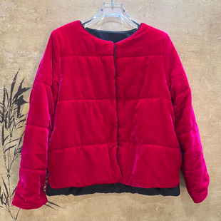 深圳南油原创真丝绒棉衣女桑蚕丝新中式 圆领休闲棉服外套 气质薄款