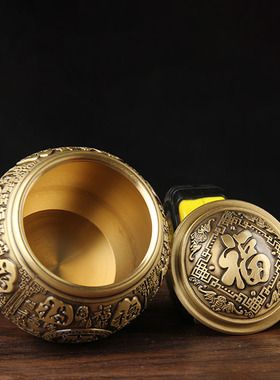 百福铜茶叶罐摆件 百福铜米缸摆件带盖铜缸款茶叶罐摆件