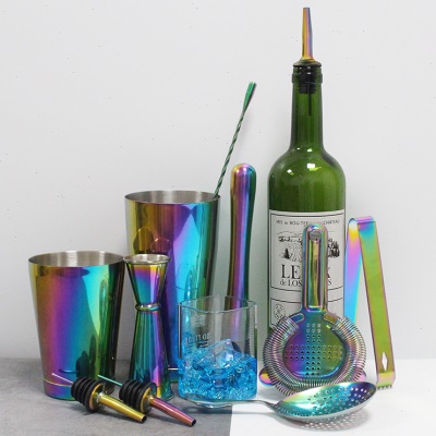 不锈钢电镀彩虹色套装调酒器酒吧调酒工具鸡尾酒波士顿杯摇酒壶
