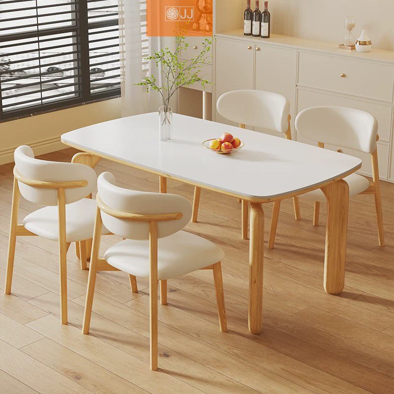 原木风岩板餐桌椅组合现代简约家用小户型实木长方形吃饭桌子北欧