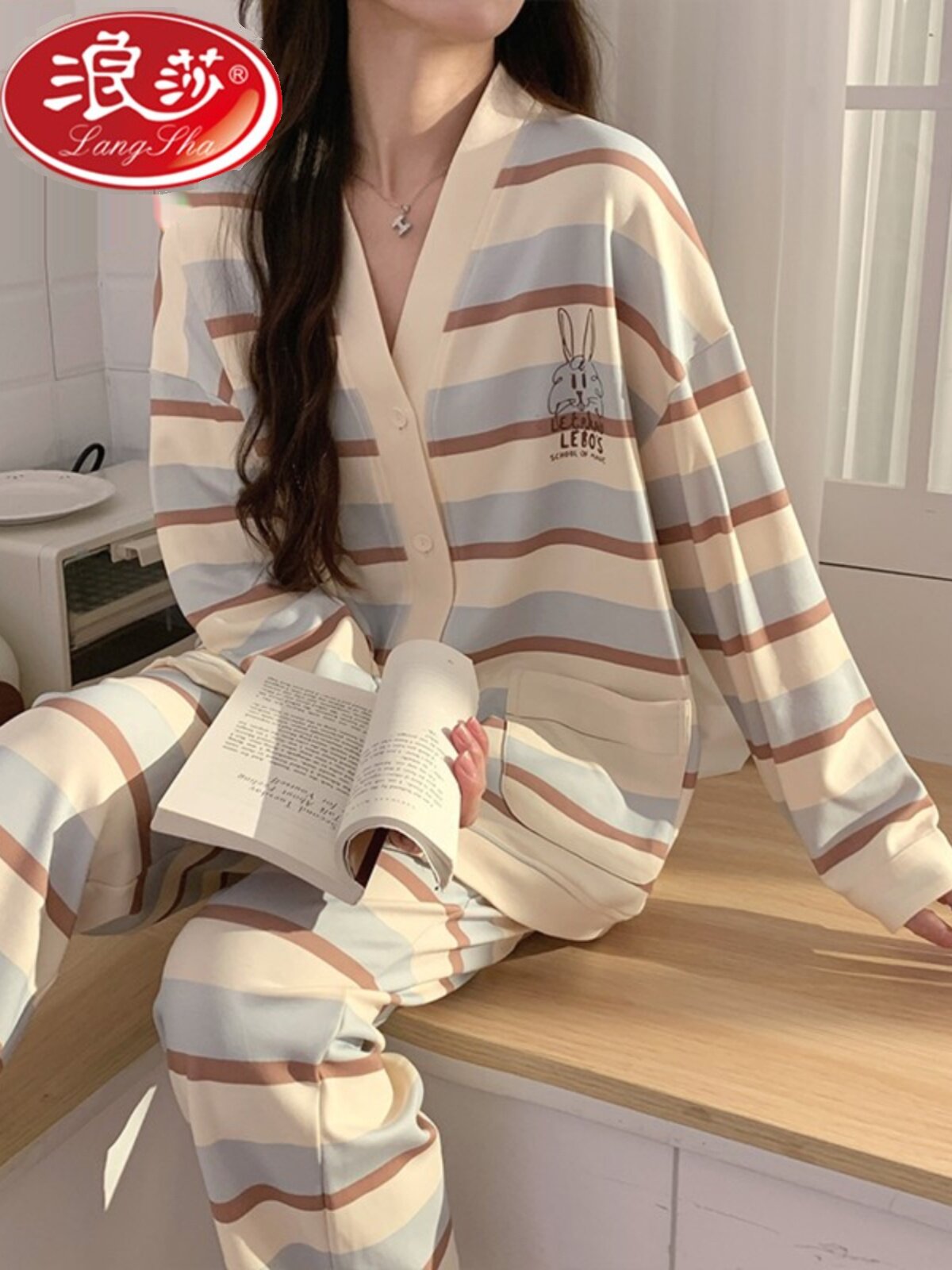 여성용 브랜드 잠옷 귀엽고 달콤한 가디건 긴팔 순면 봄 가을 한국 스타일 심플하고 착용 가능한 홈웨어 세트