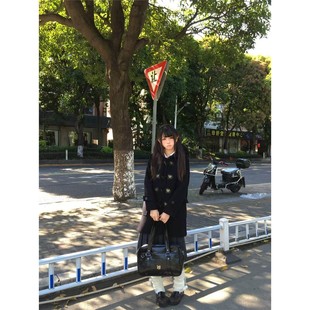 熊杉高等/jk制服外套女牛角扣黑色风衣翻领毛呢大衣日系百搭秋冬