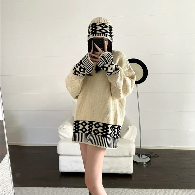 折扣现货Low Classic拼色格子针织毛衣慵懒风休闲上衣针织帽子女