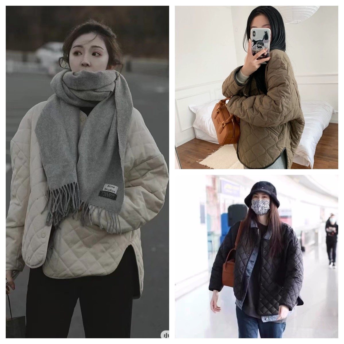 Tot*** 现货 何穗款黑色菱形绗缝格纹前短后长廓形夹克棉服外套