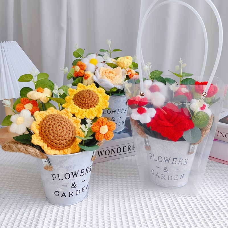 手工花朵成品毛线编织向日葵玫瑰仿真花摆件送女朋友毕业礼物实用